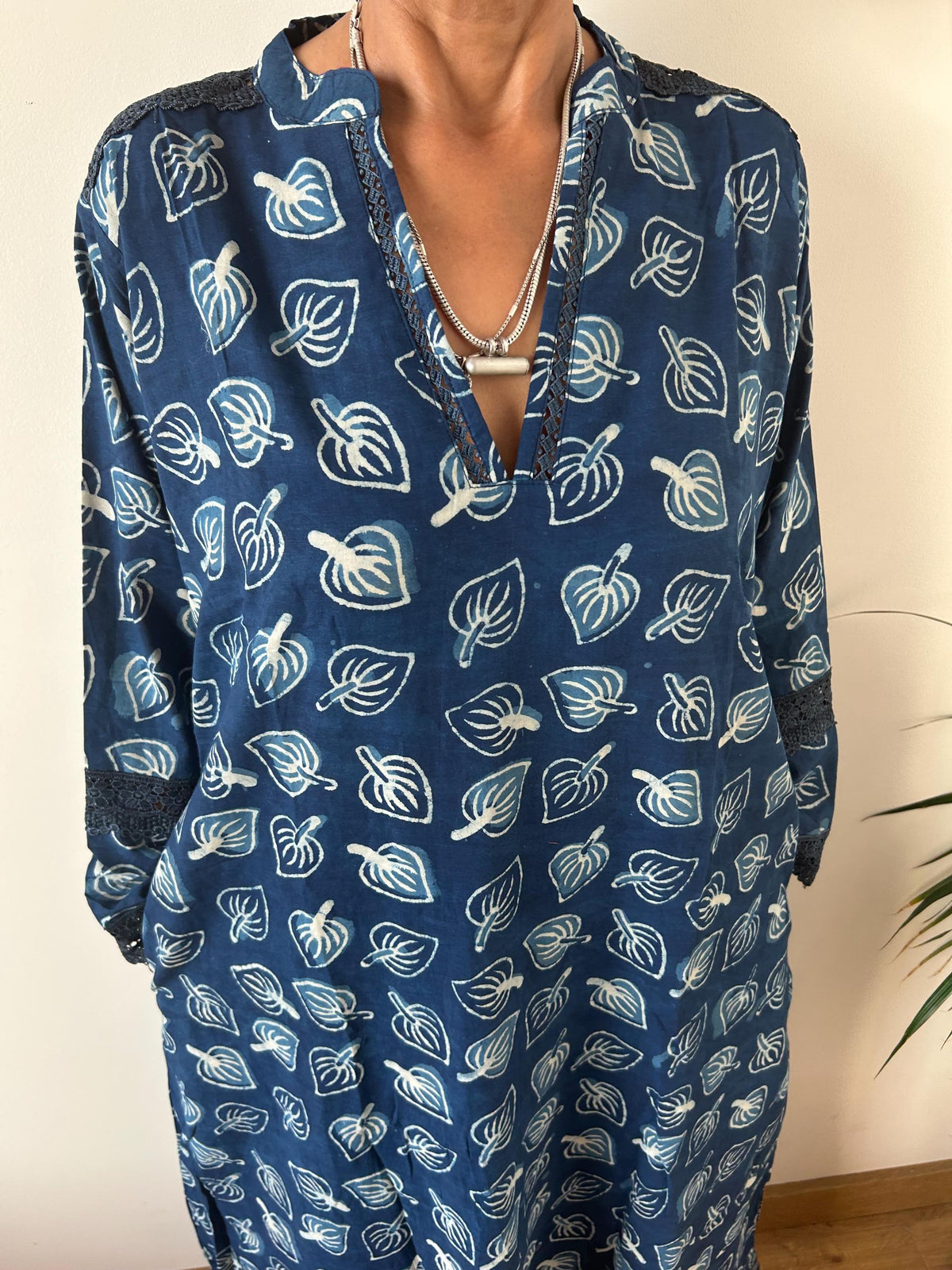 Indigo organic Chinese collar cotton kaftan,caftan, resort wear,loungewear,gifts for her,boho dress,a line dress,block print dress