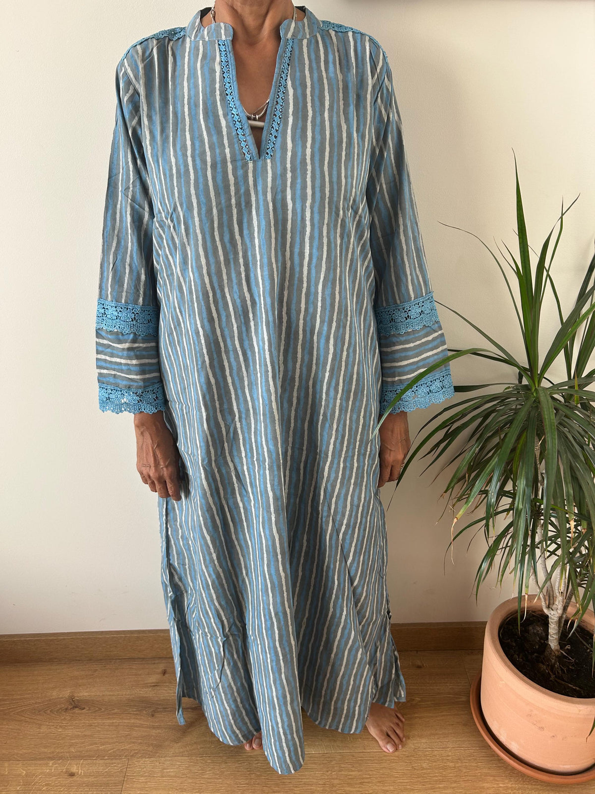 Striped Chinese collar cotton kaftan,caftan, resort wear,loungewear,gifts for her,boho dress,a line dress,block print dress