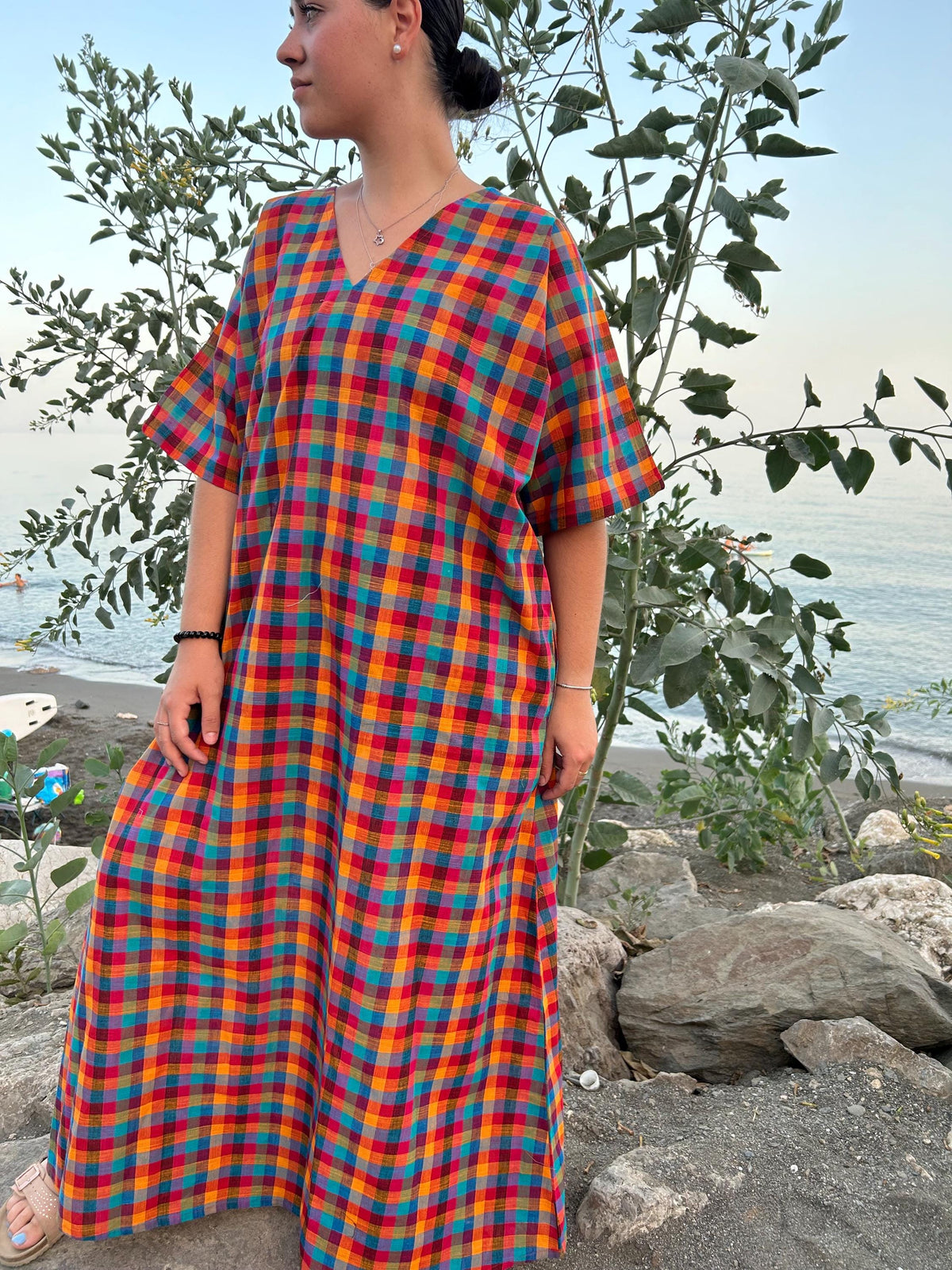 Multi checks woven kaftan,A line kaftan,Gifts for her,Resort wear,Loungewear,Cotton sleepwear,swim cover up,Maxi dress,