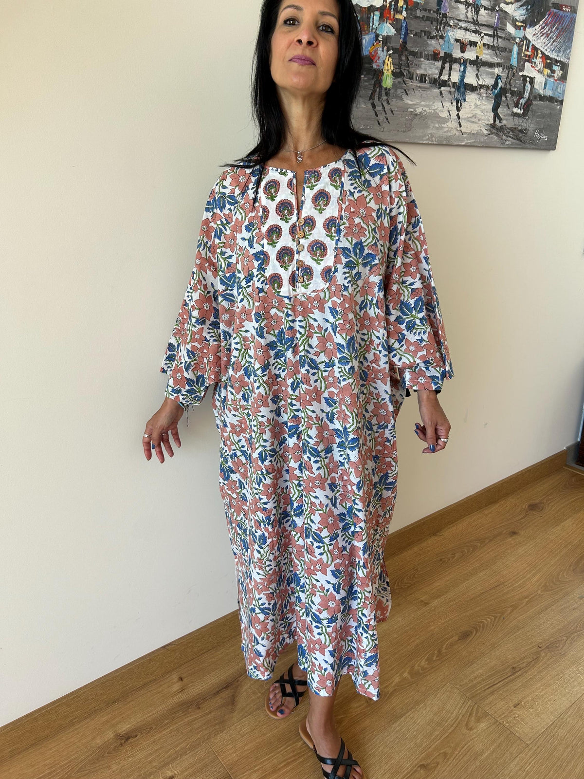 Organic cotton kaftan,caftan, resort wear,loungewear,gifts for her,boho dress,a line dress,block print dress