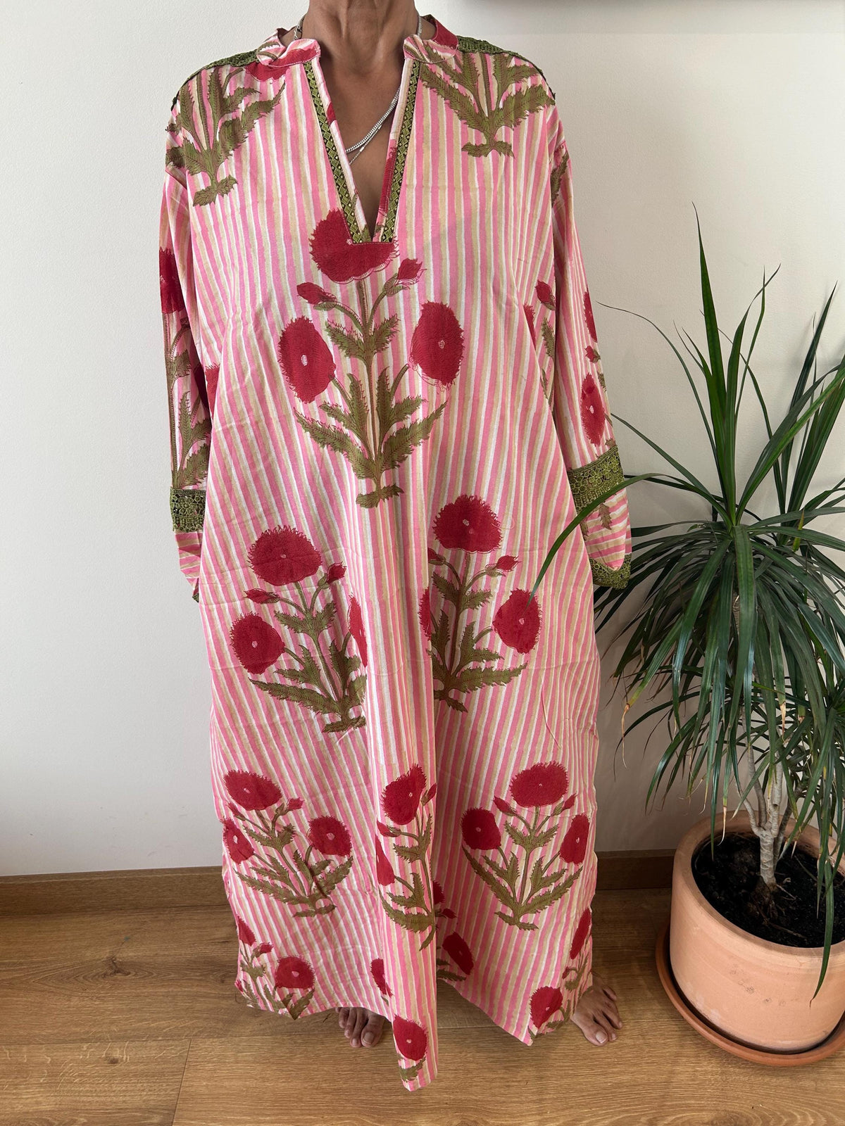 Pink floral striped Chinese collar cotton kaftan,caftan, resort wear,loungewear,gifts for her,boho dress,a line dress,block print dress