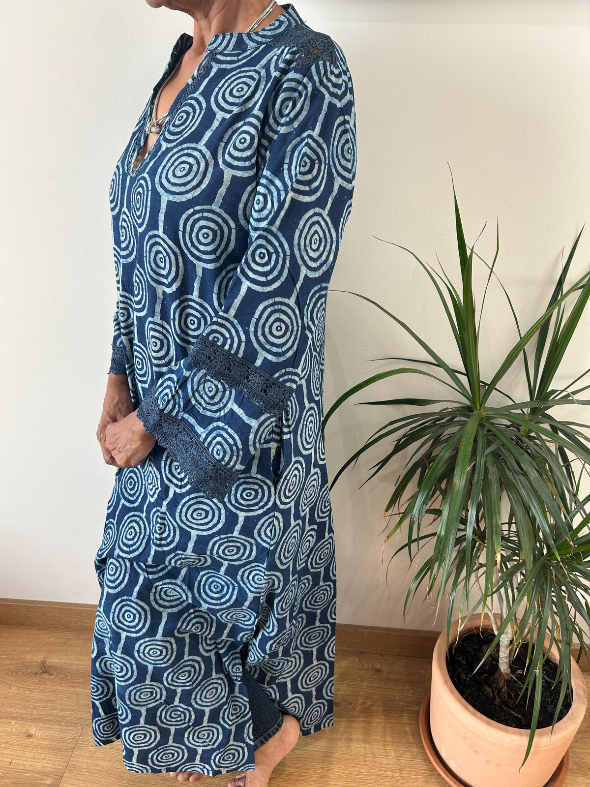 Indigo organic Chinese collar cotton kaftan,caftan, resort wear,loungewear,gifts for her,boho dress,a line dress,block print dress