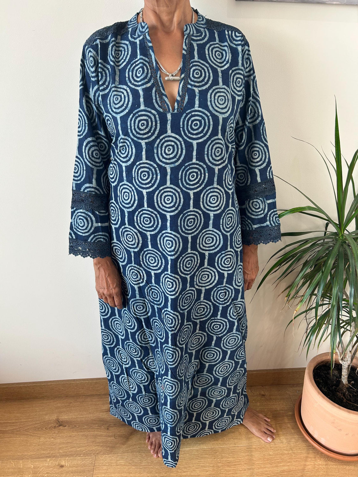 Indigo organic Chinese collar cotton kaftan,caftan, resort wear,loungewear,gifts for her,boho dress,a line dress,block print dress