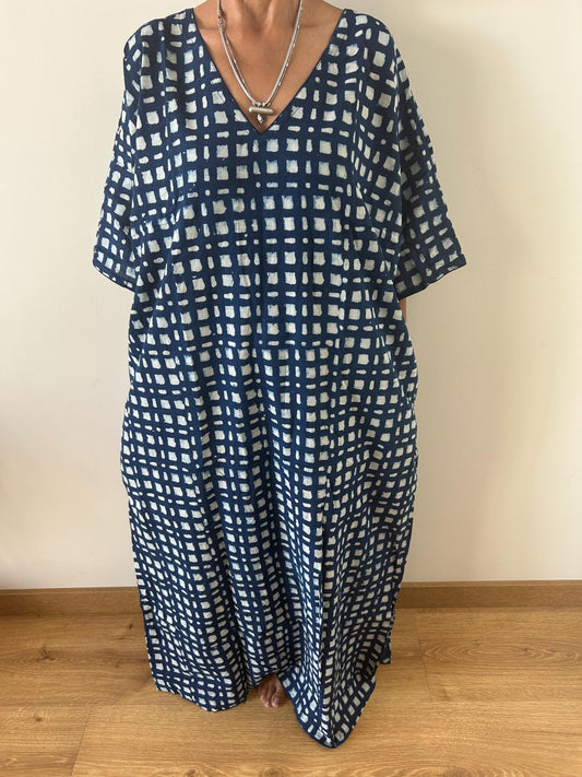 Indigo check cotton kaftan,caftan, resort wear,loungewear,gifts for her,boho dress,a line dress,block print dress