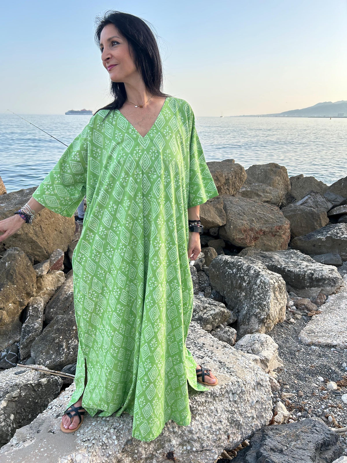 Green cotton kaftan,caftan, resort wear,loungewear,gifts for her,boho dress,a line dress,block print dress