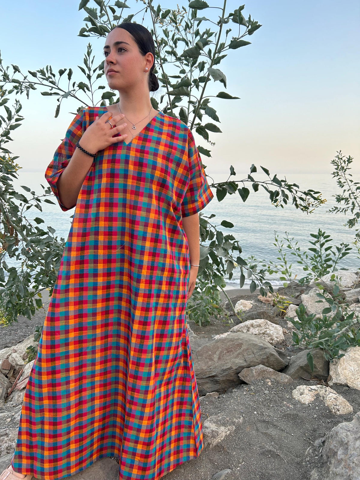 Multi checks woven kaftan,A line kaftan,Gifts for her,Resort wear,Loungewear,Cotton sleepwear,swim cover up,Maxi dress,