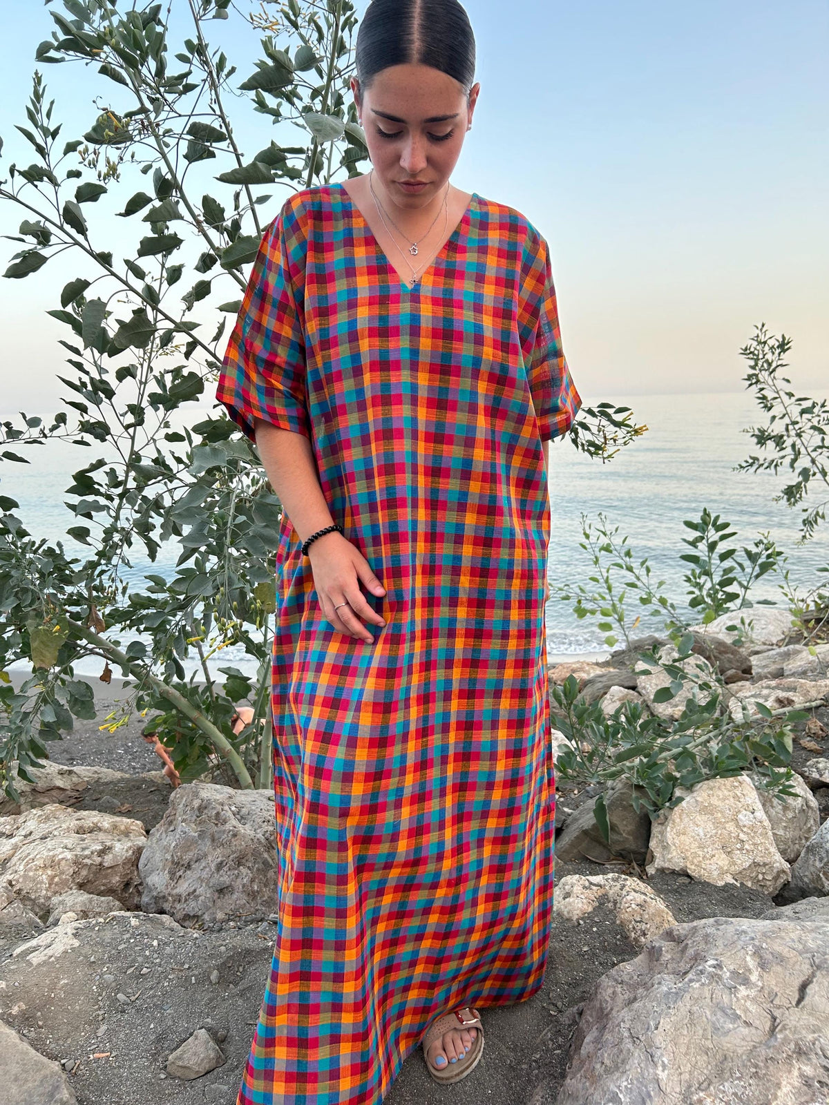 Multi checks woven kaftan,A line kaftan,Gifts for her,Resort wear,Loungewear,Cotton sleepwear,swim cover up,Maxi dress,