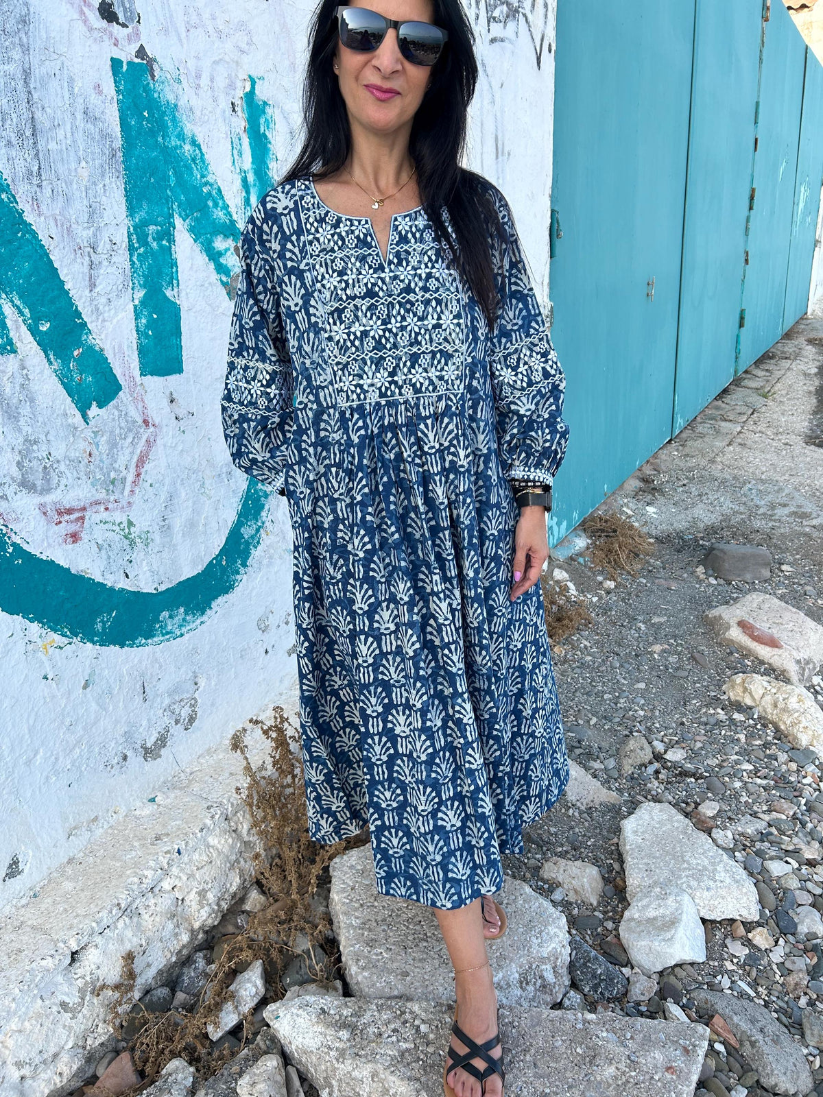 Indigo Embroidered cotton kaftan,caftan, resort wear,loungewear,gifts for her,boho dress,a line dress,block print dress,Resort wear,organic