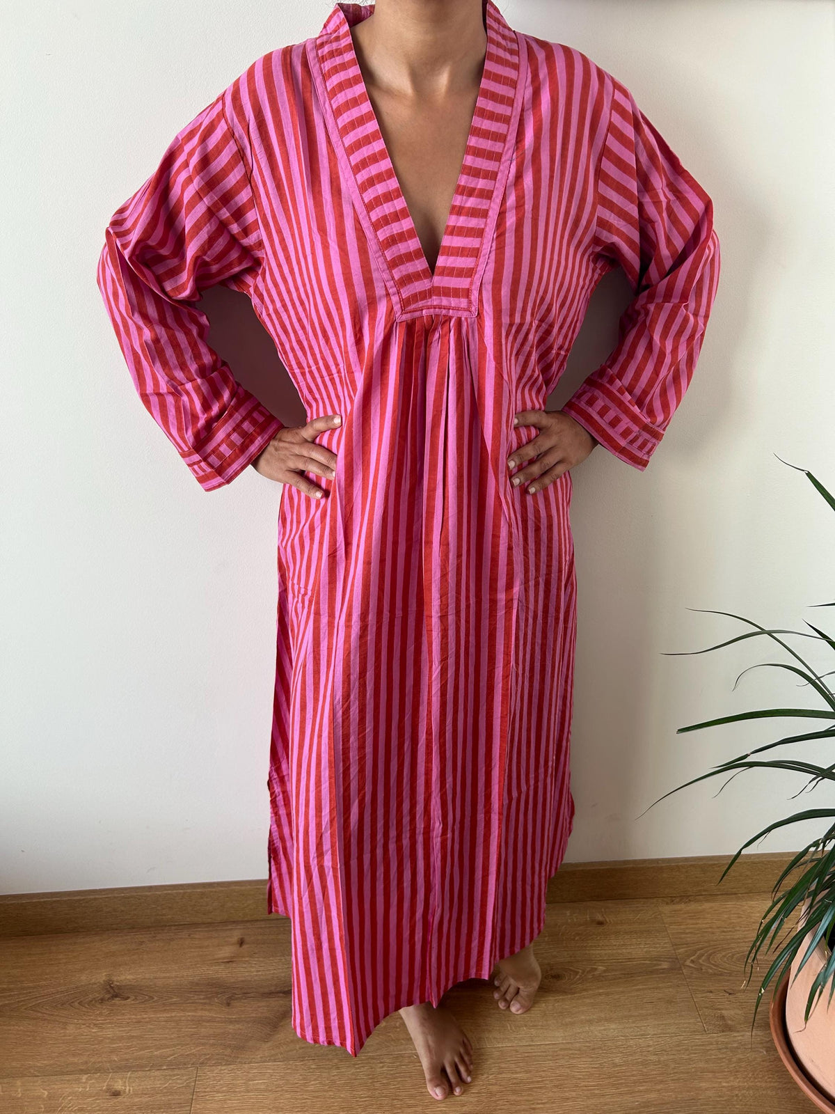 Pink/Red stripe  cotton kaftan,caftan, resort wear,loungewear,gifts for her,boho dress,a line dress,block print dress