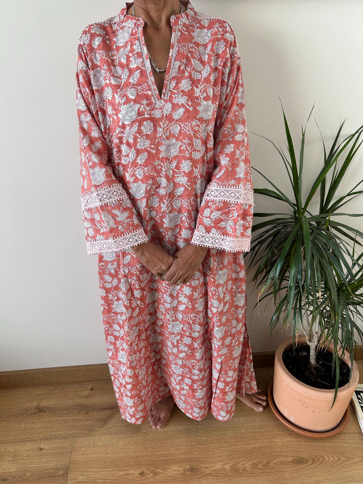 Pink floral Chinese collar cotton kaftan,caftan, resort wear,loungewear,gifts for her,boho dress,a line dress,block print dress