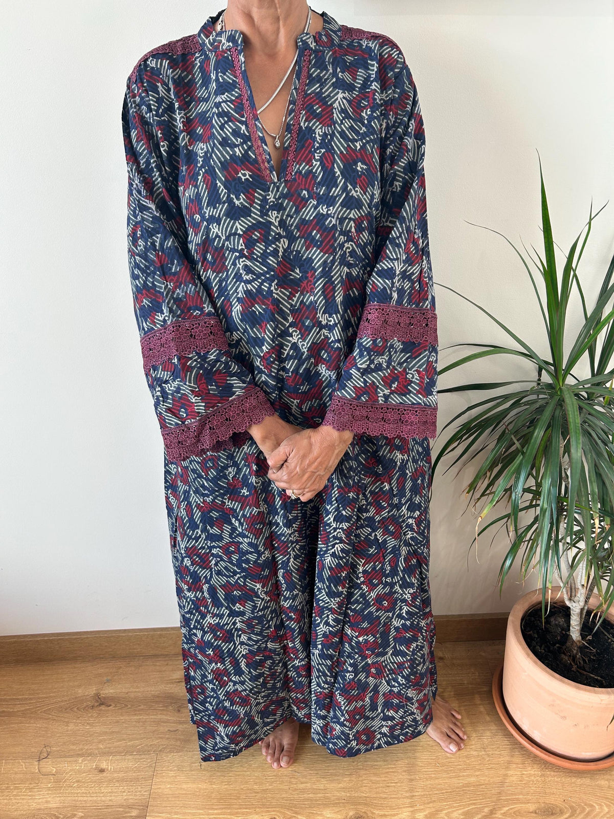 Indigo organic Chinese collar cotton kaftan,caftan, resort wear,loungewear,gifts for her,boho dress,a line dress,block print dress