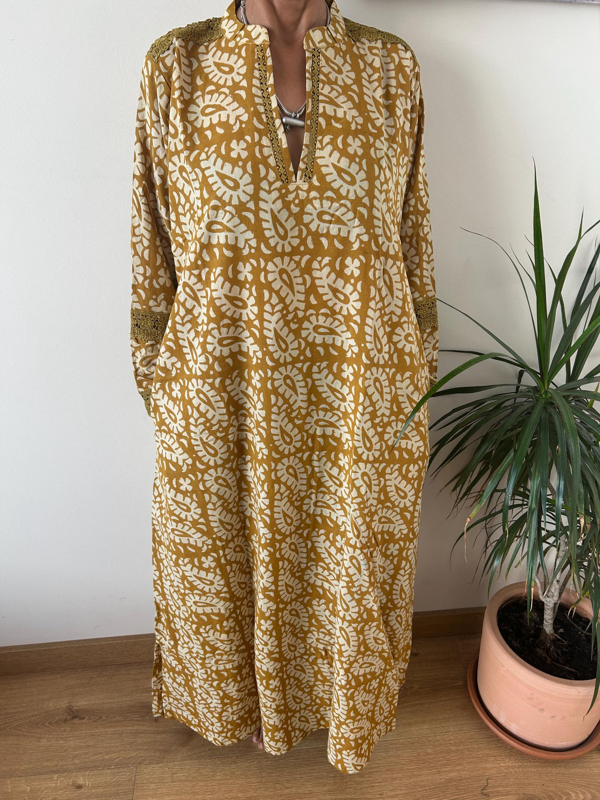 Mustard beige Chinese collar cotton kaftan,caftan, resort wear,loungewear,gifts for her,boho dress,a line dress,block print dress