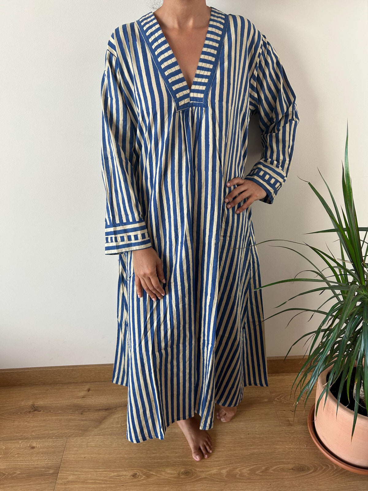 Turquoise stripe  cotton kaftan,caftan, resort wear,loungewear,gifts for her,boho dress,a line dress,block print dress