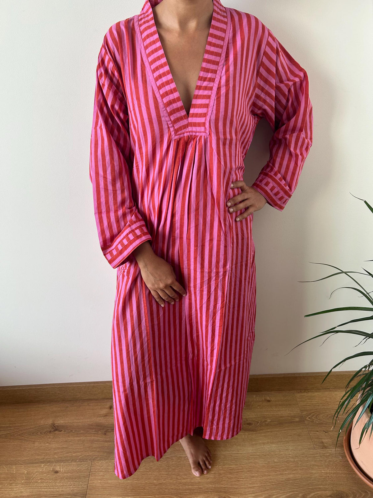Pink/Red stripe  cotton kaftan,caftan, resort wear,loungewear,gifts for her,boho dress,a line dress,block print dress