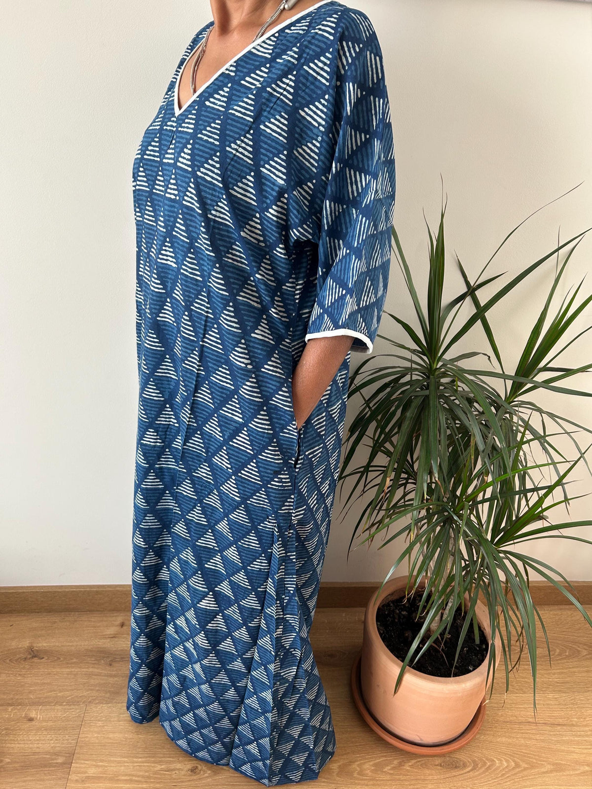 Organic indigo cotton kaftan,caftan, resort wear,loungewear,gifts for her,boho dress,a line dress,block print dress
