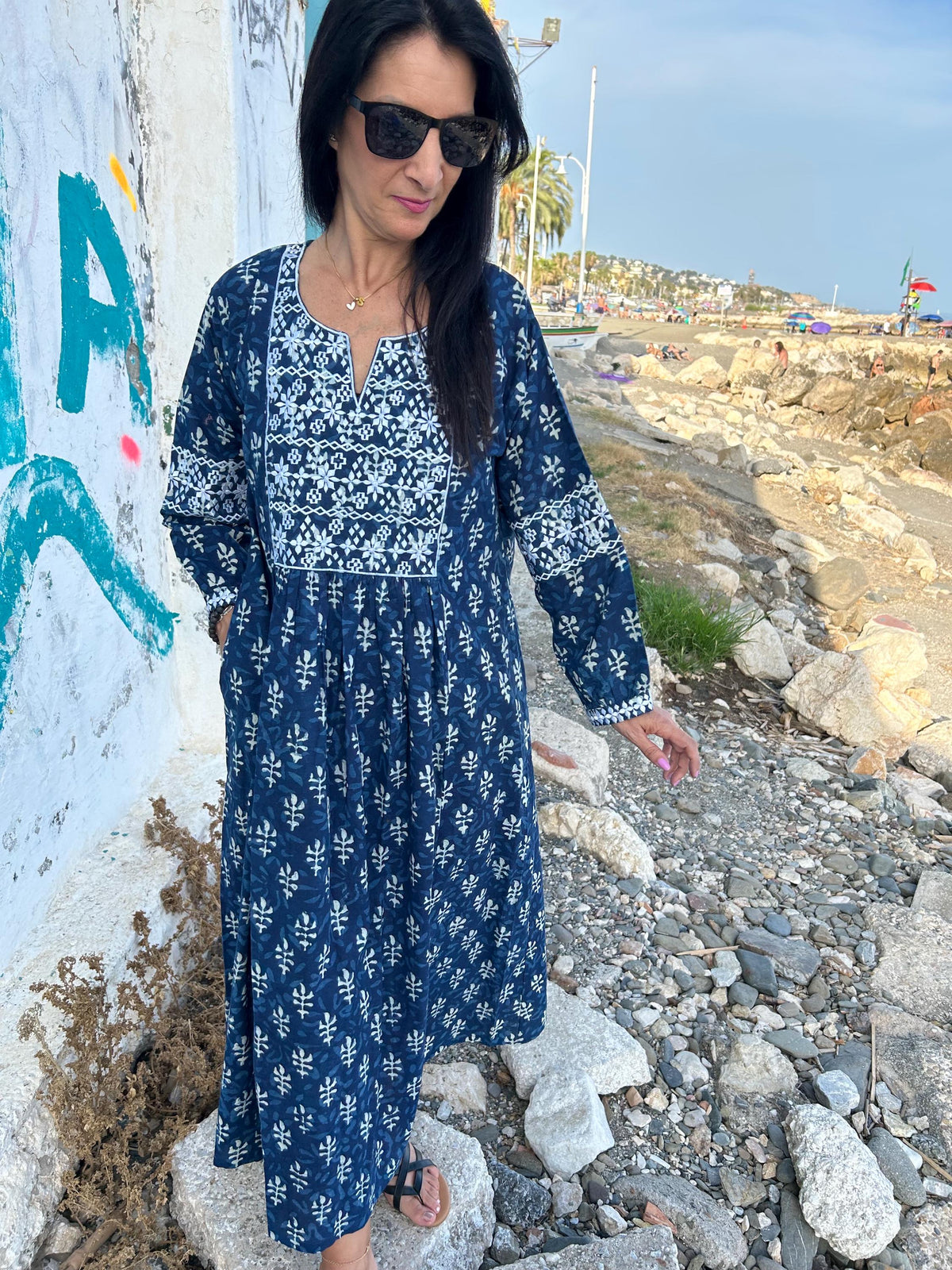 Indigo organic Embroidered cotton kaftan,caftan, resort wear,loungewear,gifts for her,boho dress,a line dress,block print dress,Resort wear