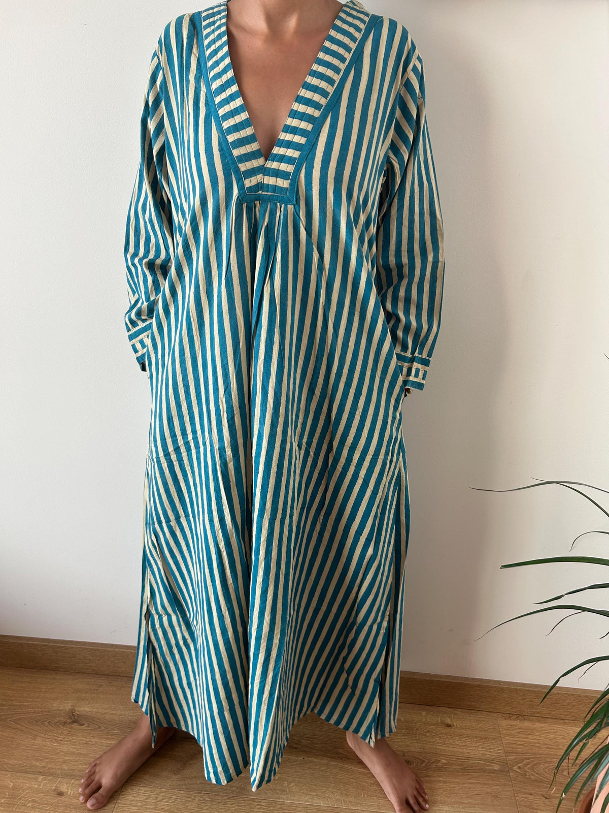 Green stripe  cotton kaftan,caftan, resort wear,loungewear,gifts for her,boho dress,a line dress,block print dress
