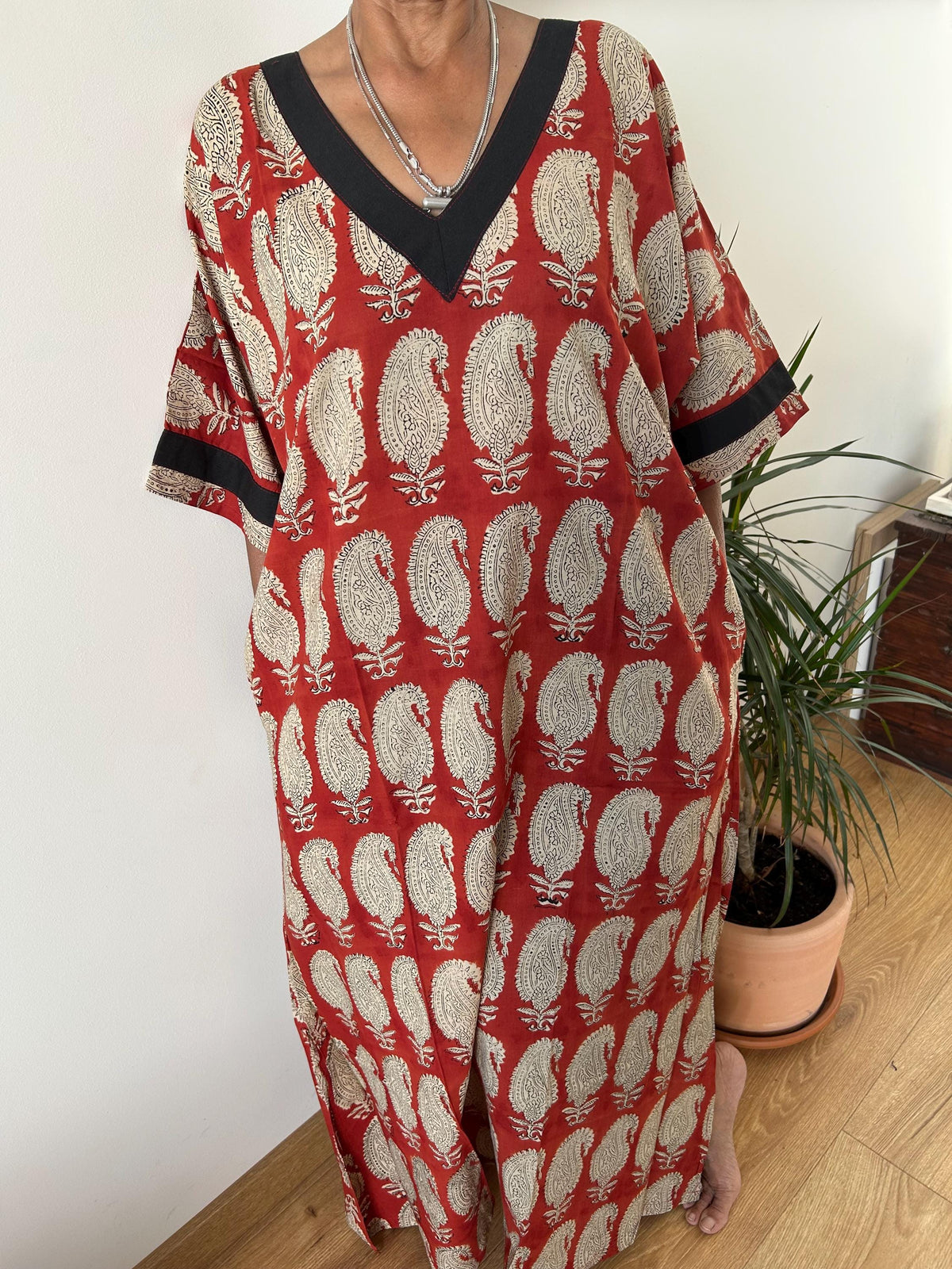 Maroon paisley cotton kaftan,caftan, resort wear,loungewear,gifts for her,boho dress,a line dress,block print dress