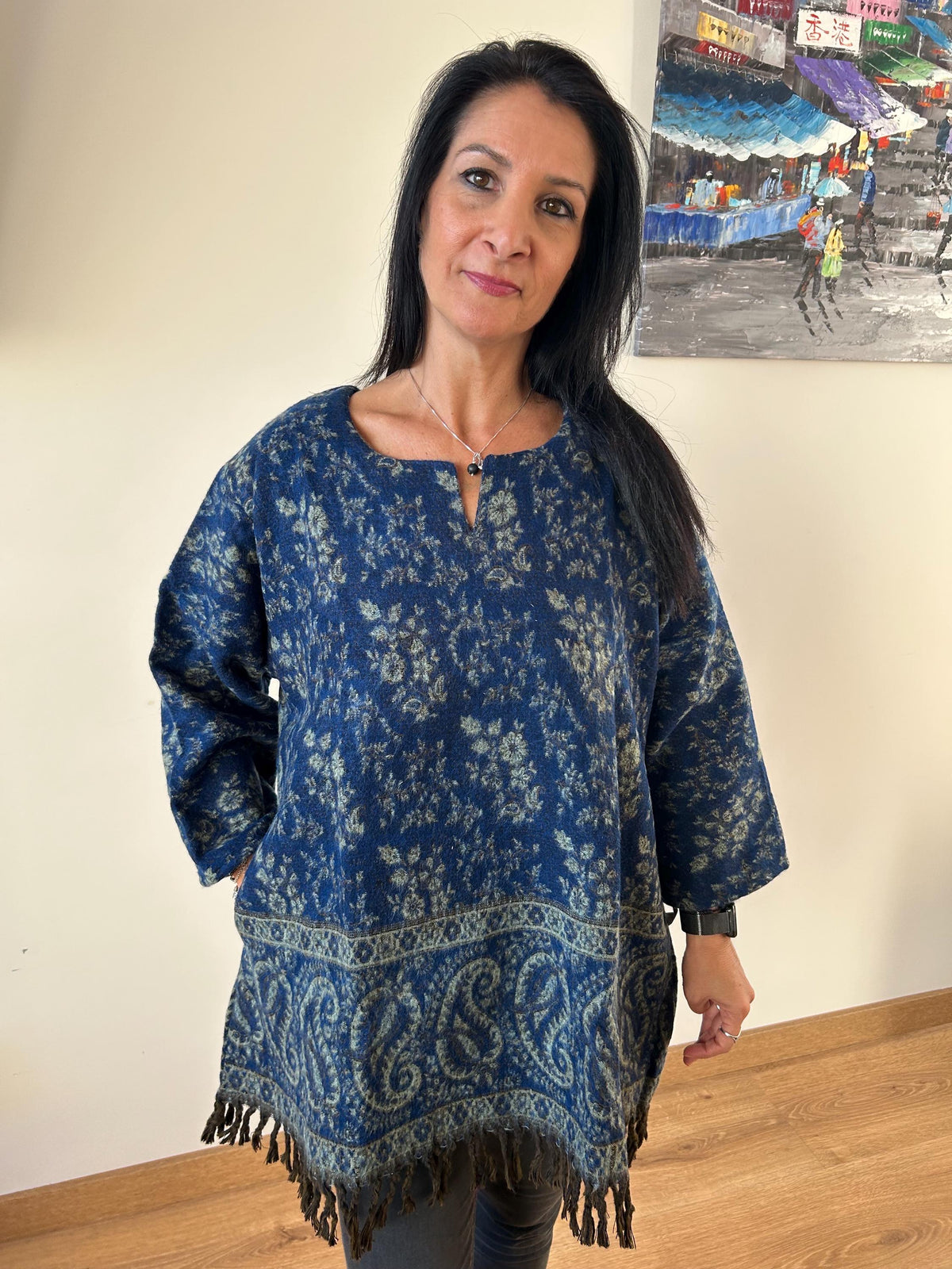 Floral Yak Wool Tunic: Boho Winter Loungewear (Fits XL)