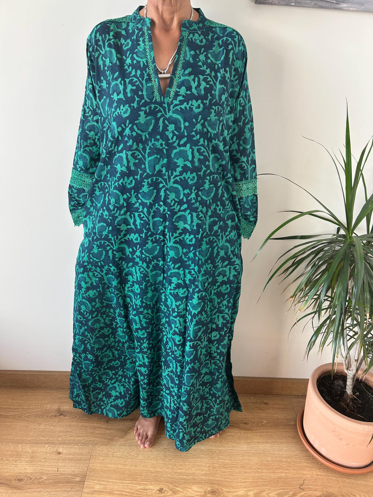 Green floral Chinese collar cotton kaftan,caftan, resort wear,loungewear,gifts for her,boho dress,a line dress,block print dress
