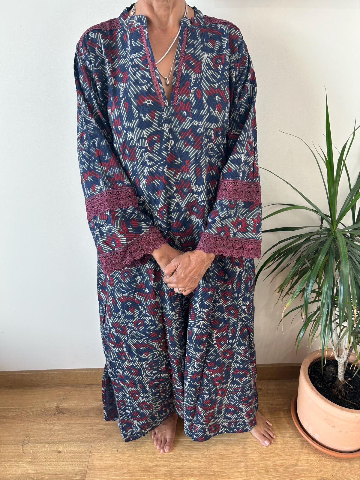Indigo organic Chinese collar cotton kaftan,caftan, resort wear,loungewear,gifts for her,boho dress,a line dress,block print dress