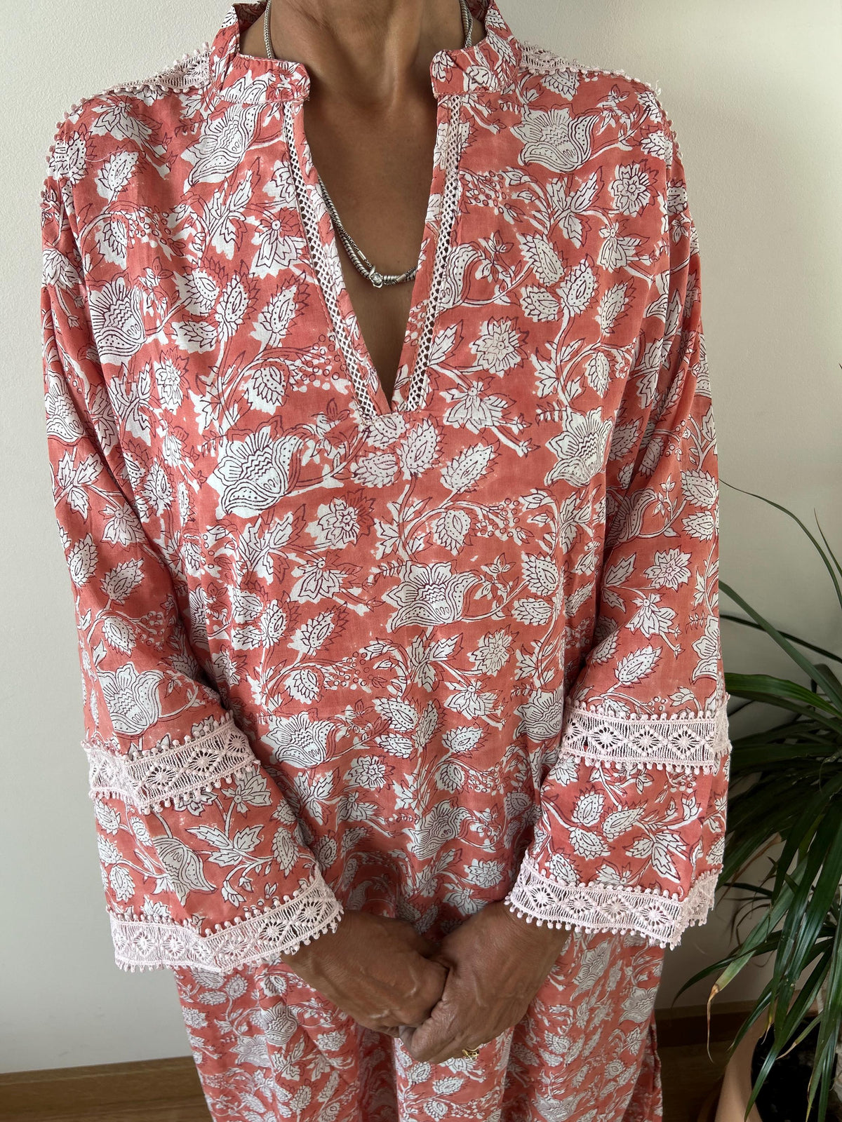 Pink floral Chinese collar cotton kaftan,caftan, resort wear,loungewear,gifts for her,boho dress,a line dress,block print dress