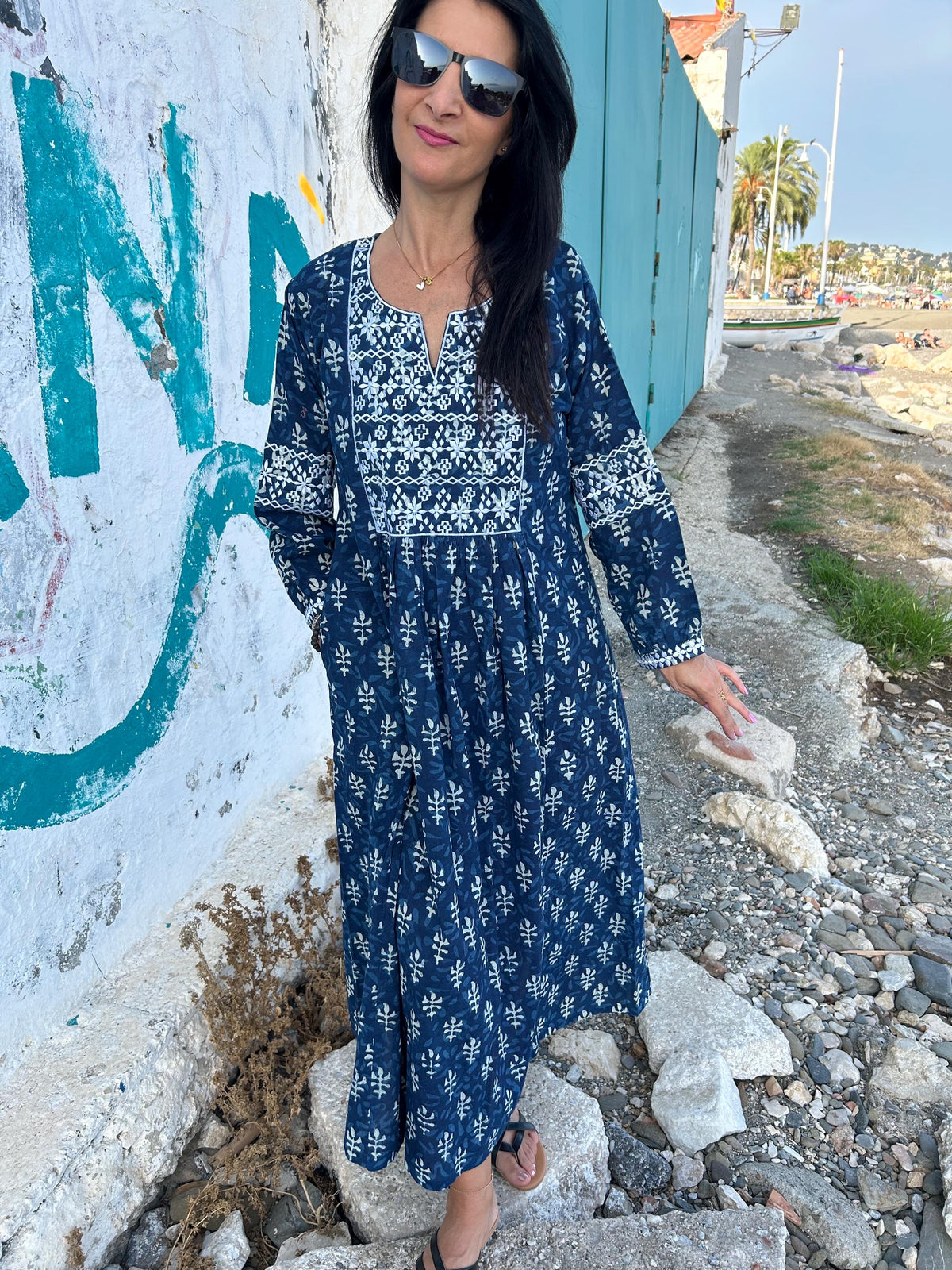 Indigo organic Embroidered cotton kaftan,caftan, resort wear,loungewear,gifts for her,boho dress,a line dress,block print dress,Resort wear