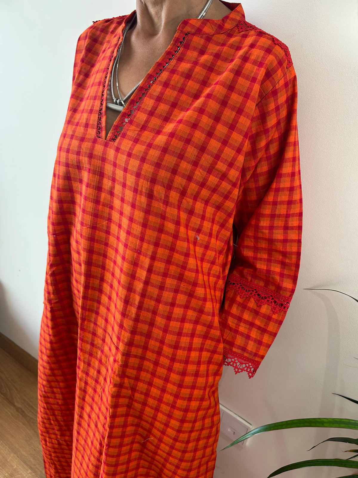 Handwoven checks  Chinese collar cotton kaftan,caftan, resort wear,loungewear,gifts for her,boho dress,a line dress,block print dress