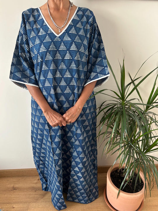 Organic indigo cotton kaftan,caftan, resort wear,loungewear,gifts for her,boho dress,a line dress,block print dress
