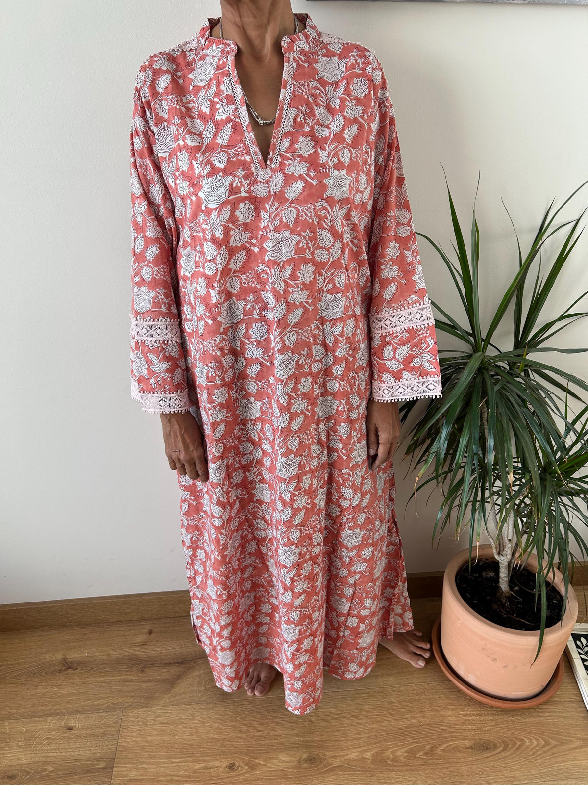 Pink floral Chinese collar cotton kaftan,caftan, resort wear,loungewear,gifts for her,boho dress,a line dress,block print dress