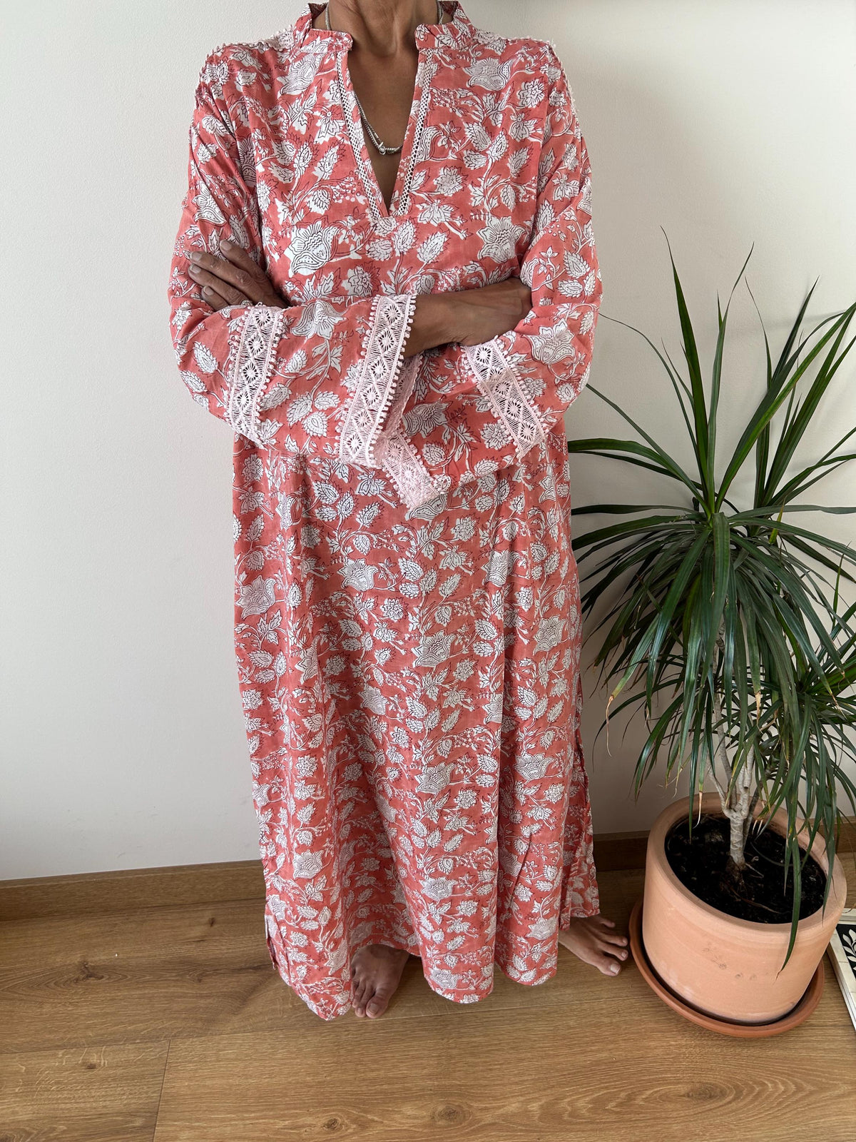 Pink floral Chinese collar cotton kaftan,caftan, resort wear,loungewear,gifts for her,boho dress,a line dress,block print dress