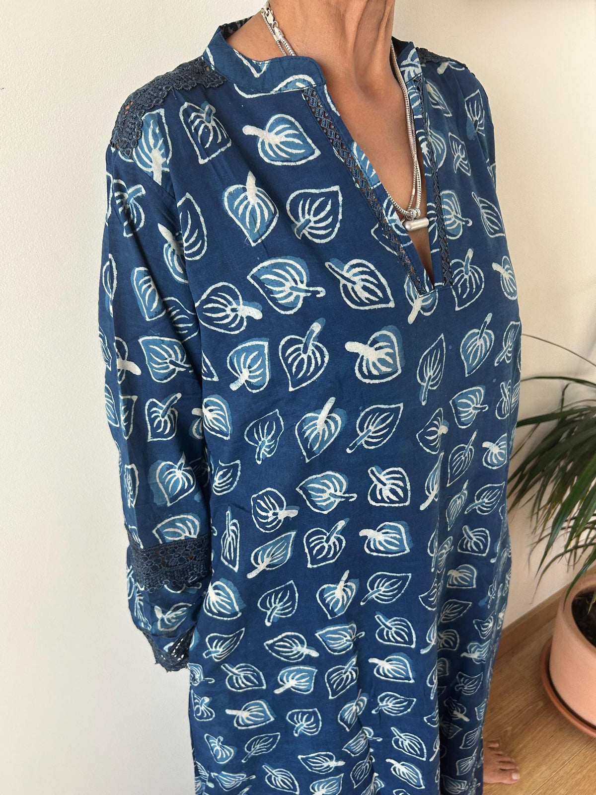 Indigo organic Chinese collar cotton kaftan,caftan, resort wear,loungewear,gifts for her,boho dress,a line dress,block print dress