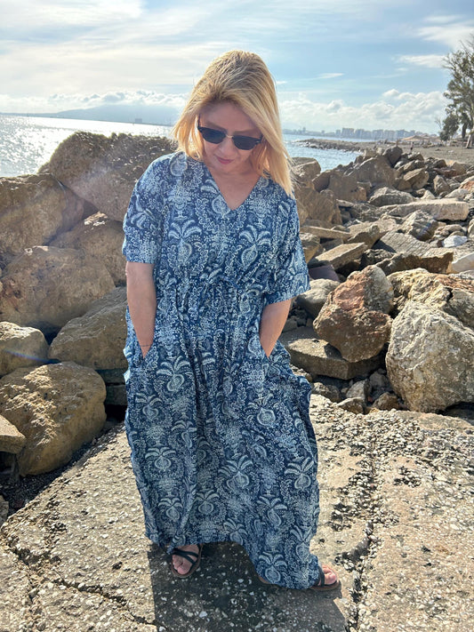 Indigo kaftan with pockets,organic kaftan,gifts for her,resort wear,loungewear,boho dress,plus size dress,gifts for her,Christmas gift