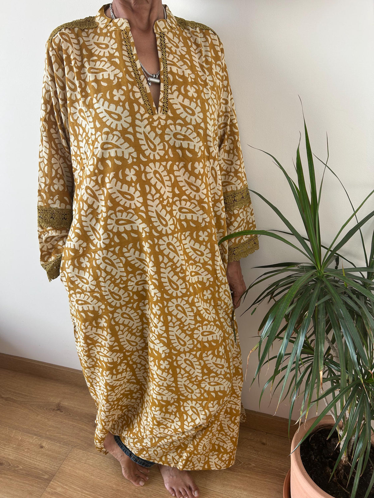 Mustard beige Chinese collar cotton kaftan,caftan, resort wear,loungewear,gifts for her,boho dress,a line dress,block print dress