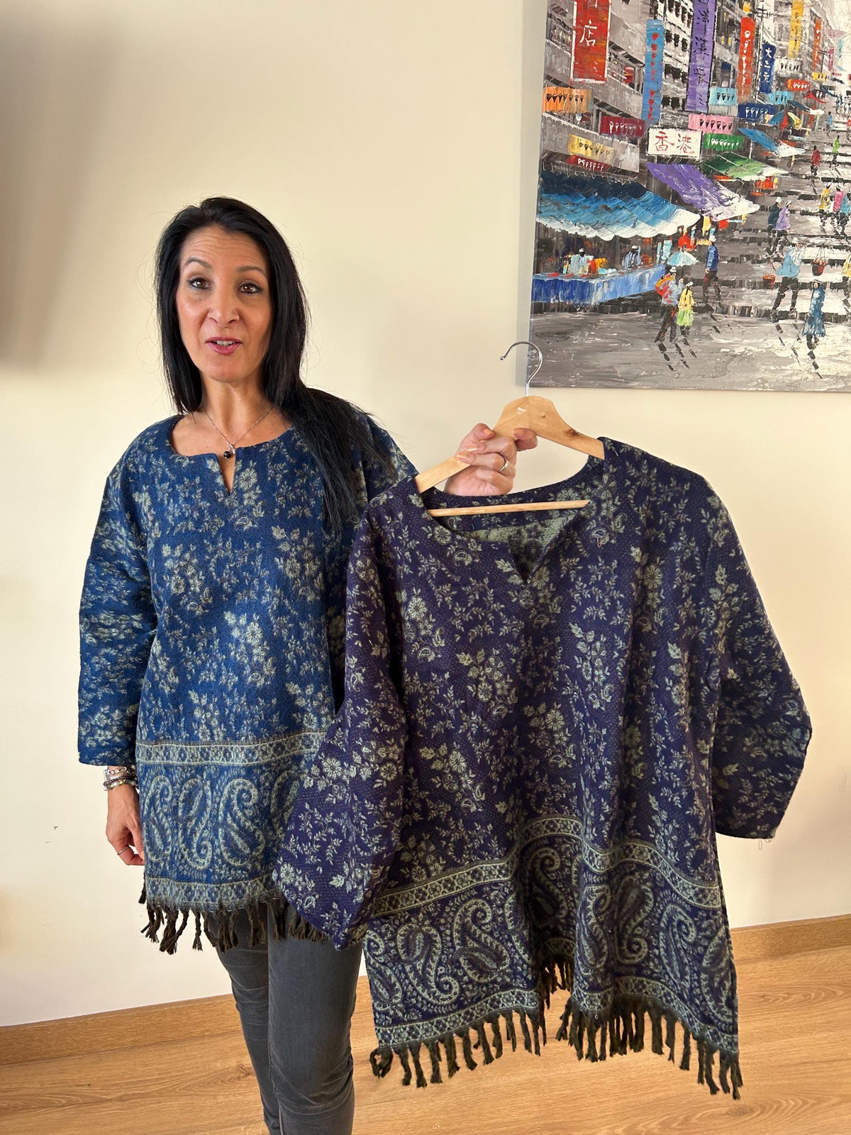 Floral Yak Wool Tunic: Boho Winter Loungewear (Fits XL)