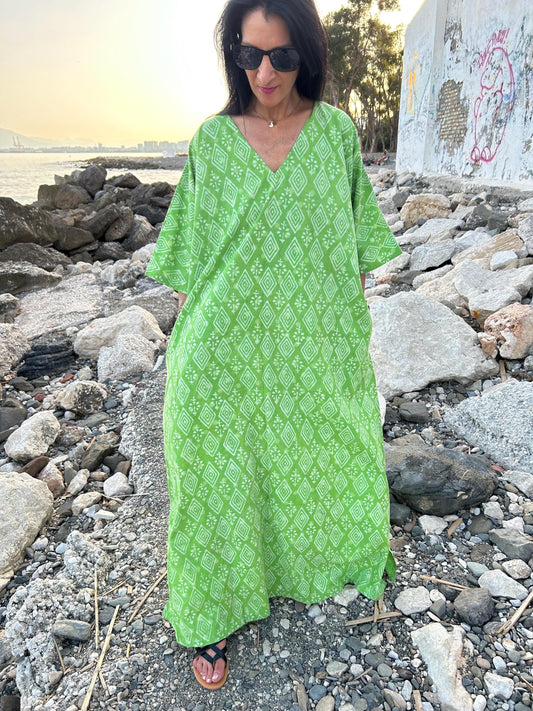 Green cotton kaftan,caftan, resort wear,loungewear,gifts for her,boho dress,a line dress,block print dress
