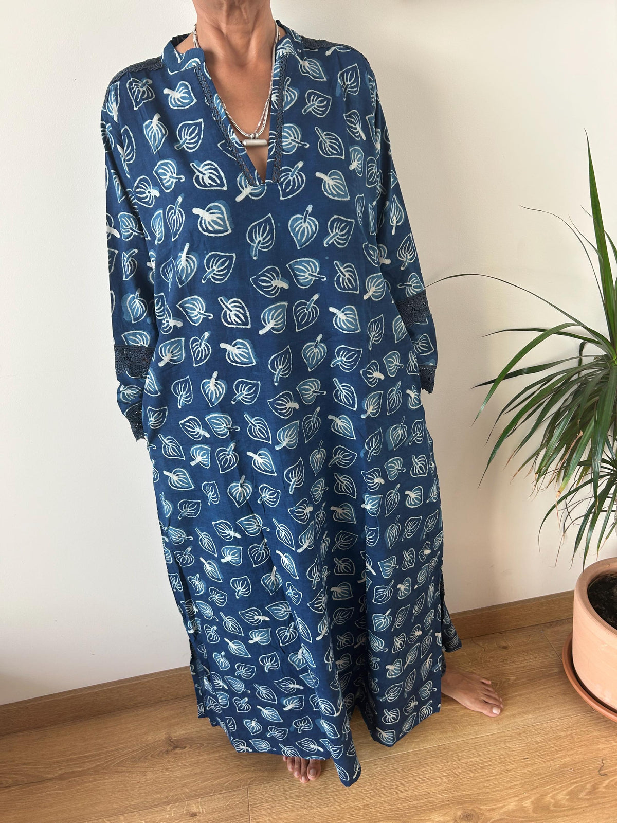 Indigo organic Chinese collar cotton kaftan,caftan, resort wear,loungewear,gifts for her,boho dress,a line dress,block print dress