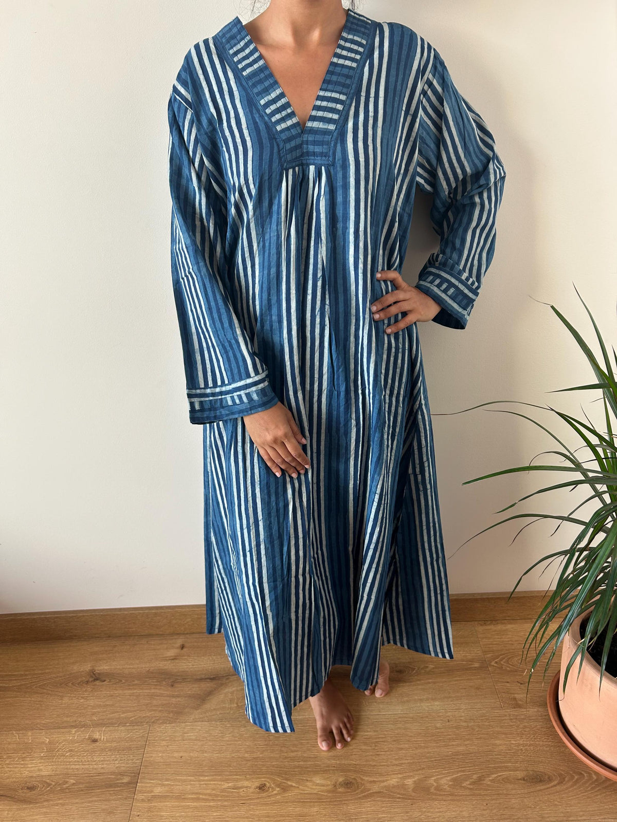 Indigo stripe  cotton kaftan,caftan, resort wear,loungewear,gifts for her,boho dress,a line dress,block print dress