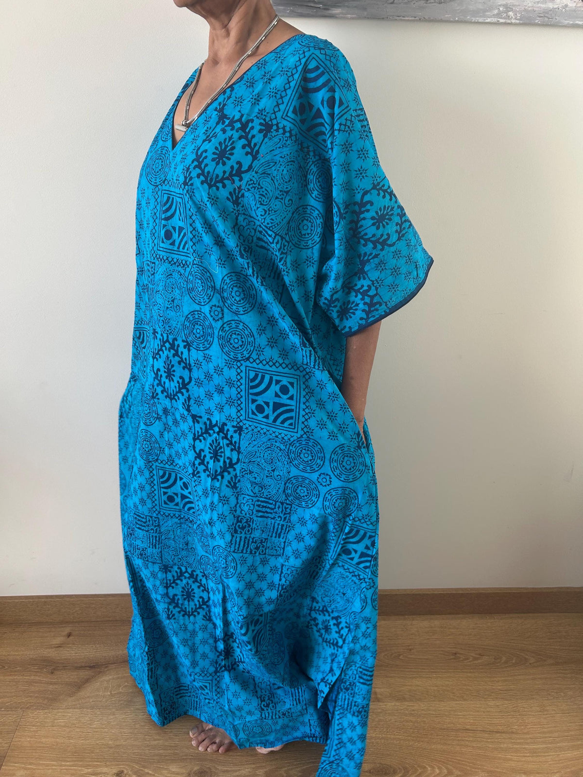 Blue  patch cotton kaftan,caftan, resort wear,loungewear,gifts for her,boho dress,a line dress,block print dress