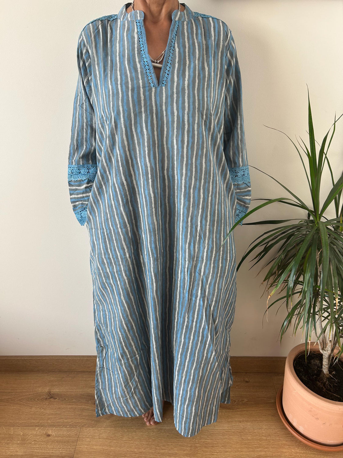 Striped Chinese collar cotton kaftan,caftan, resort wear,loungewear,gifts for her,boho dress,a line dress,block print dress