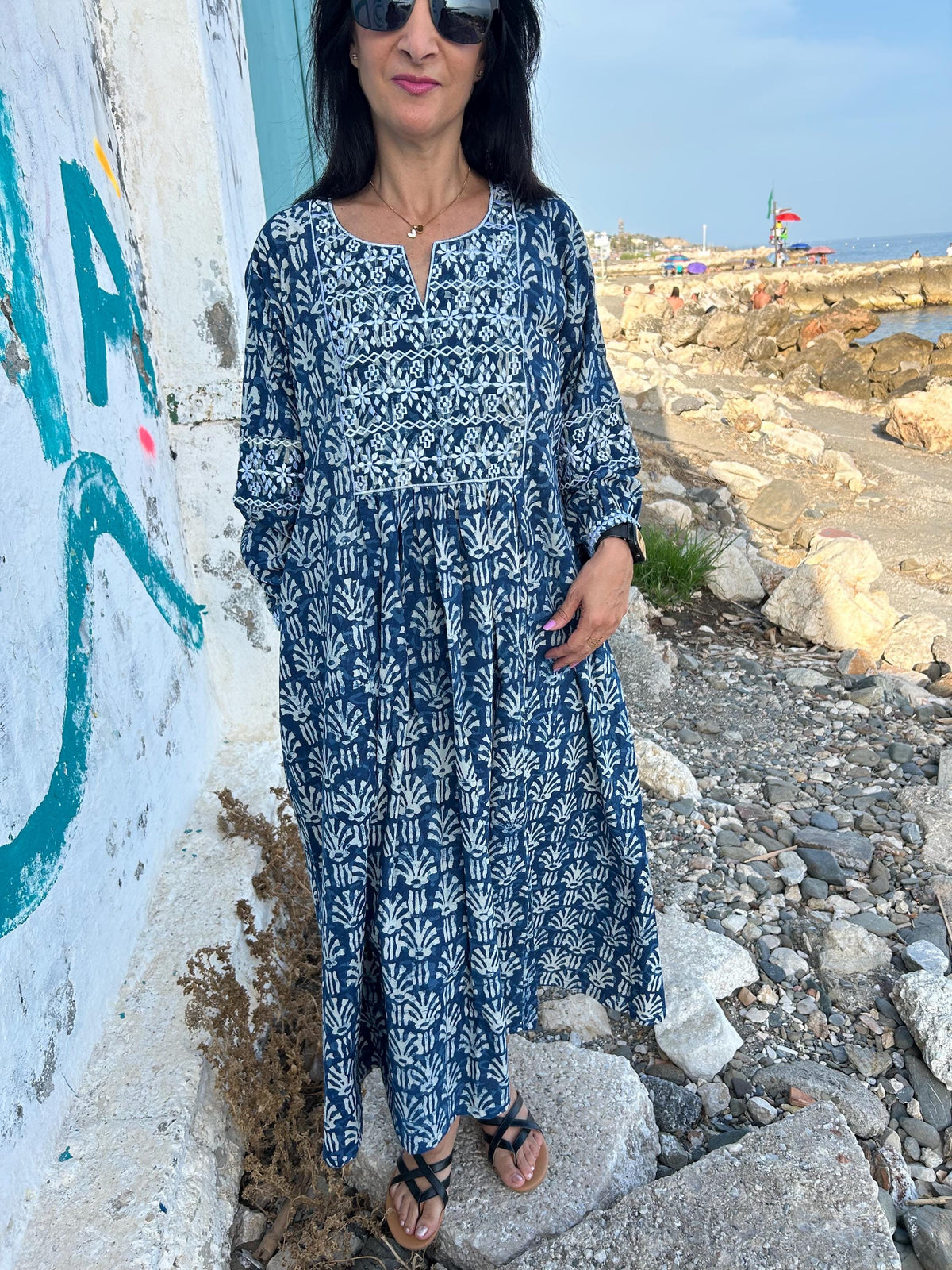 Indigo Embroidered cotton kaftan,caftan, resort wear,loungewear,gifts for her,boho dress,a line dress,block print dress,Resort wear,organic