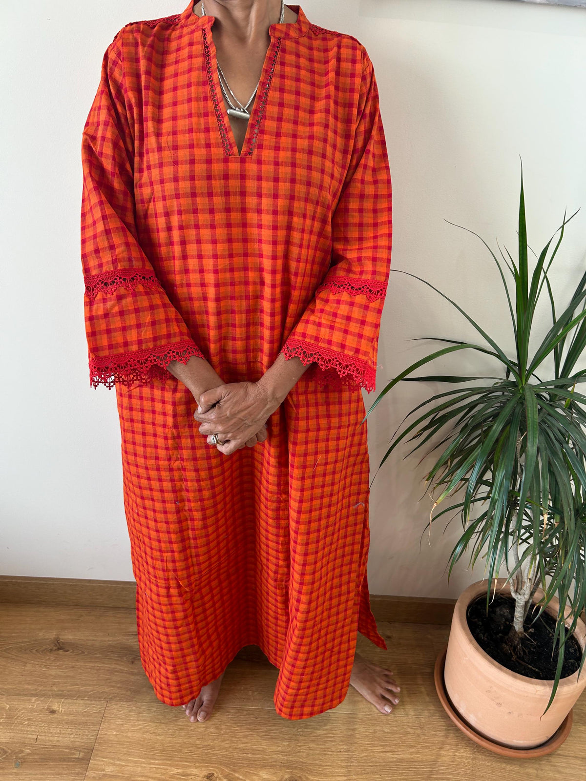 Handwoven checks  Chinese collar cotton kaftan,caftan, resort wear,loungewear,gifts for her,boho dress,a line dress,block print dress