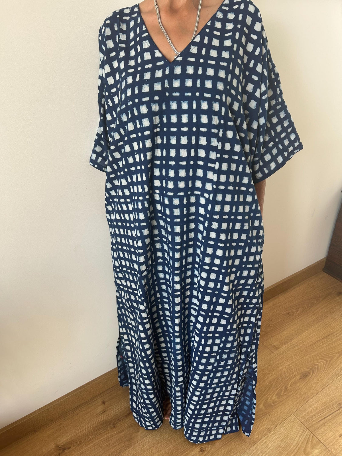 Indigo check cotton kaftan,caftan, resort wear,loungewear,gifts for her,boho dress,a line dress,block print dress