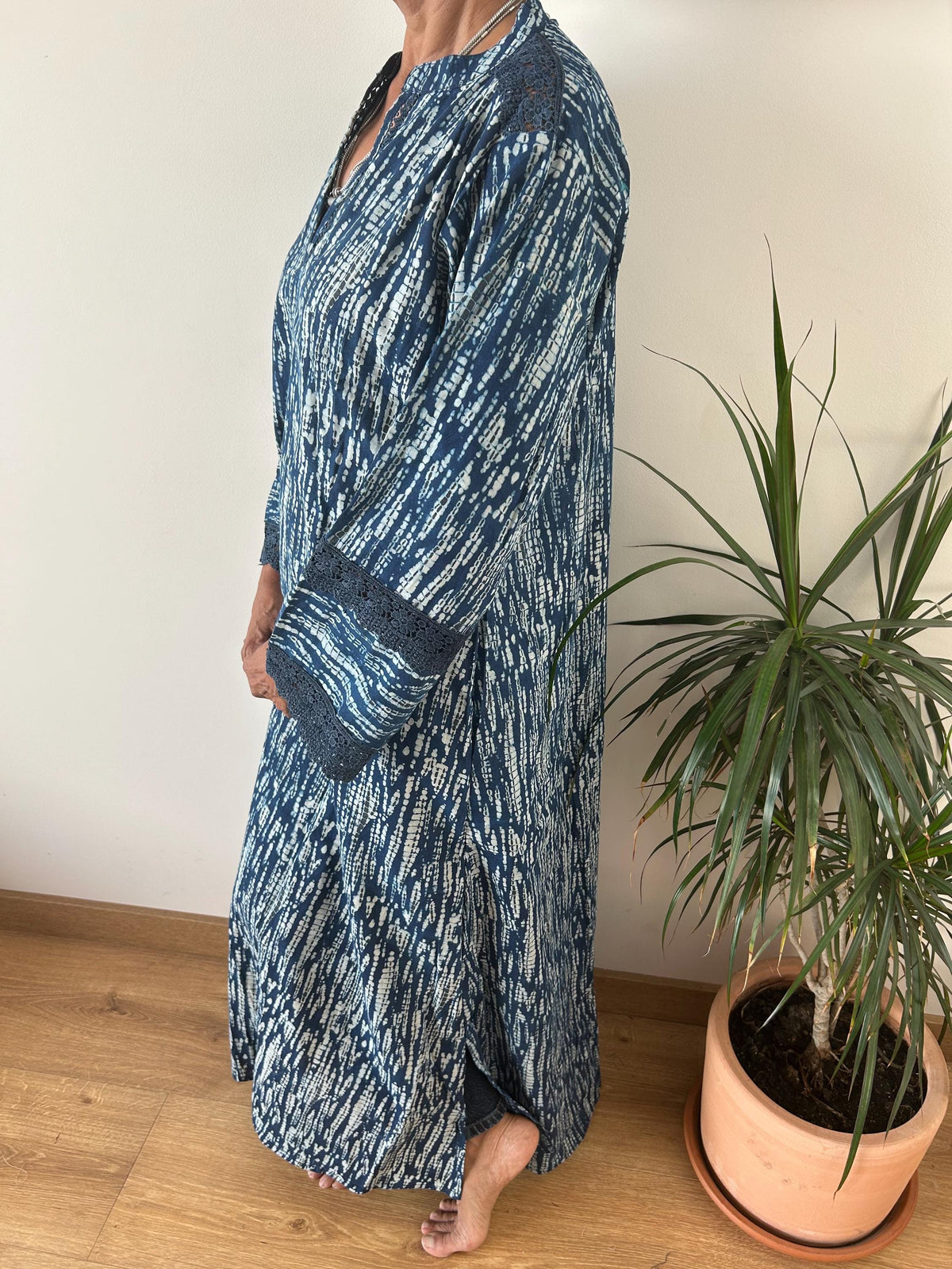Indigo organic Chinese collar cotton kaftan,caftan, resort wear,loungewear,gifts for her,boho dress,a line dress,block print dress