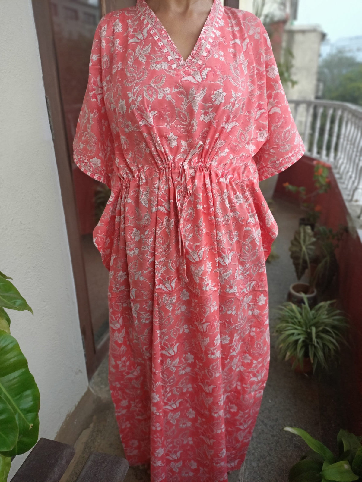 Handmade Block Print Cotton Kaftan: Floral Loungewear Dress