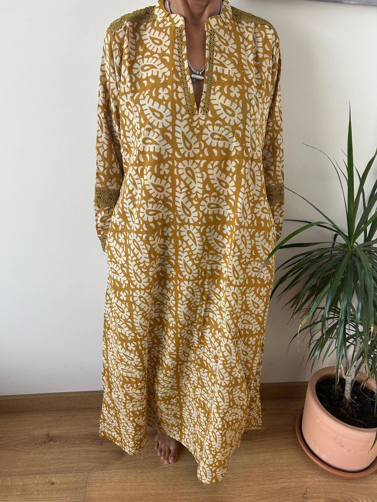 Mustard beige Chinese collar cotton kaftan,caftan, resort wear,loungewear,gifts for her,boho dress,a line dress,block print dress