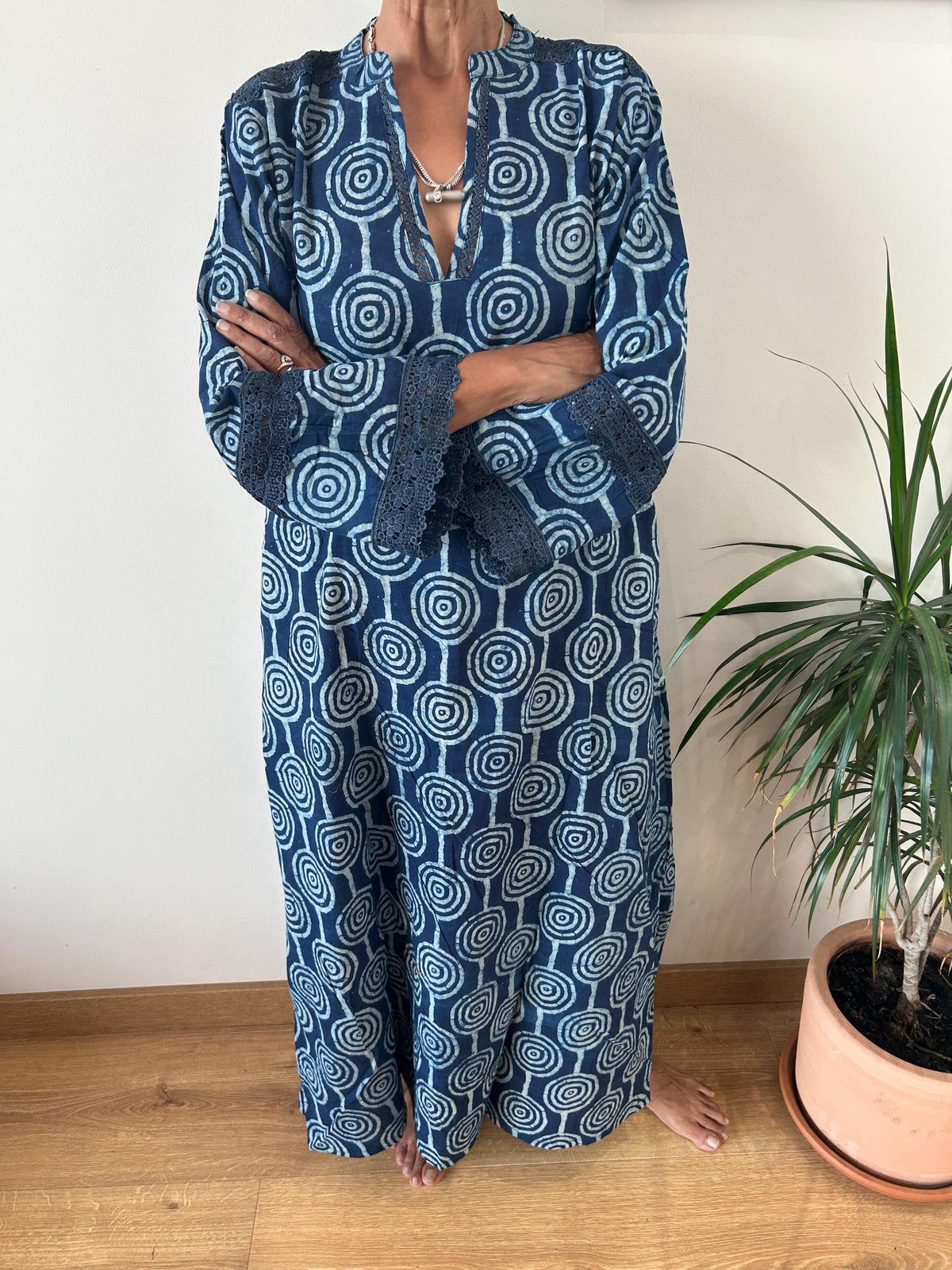 Indigo organic Chinese collar cotton kaftan,caftan, resort wear,loungewear,gifts for her,boho dress,a line dress,block print dress