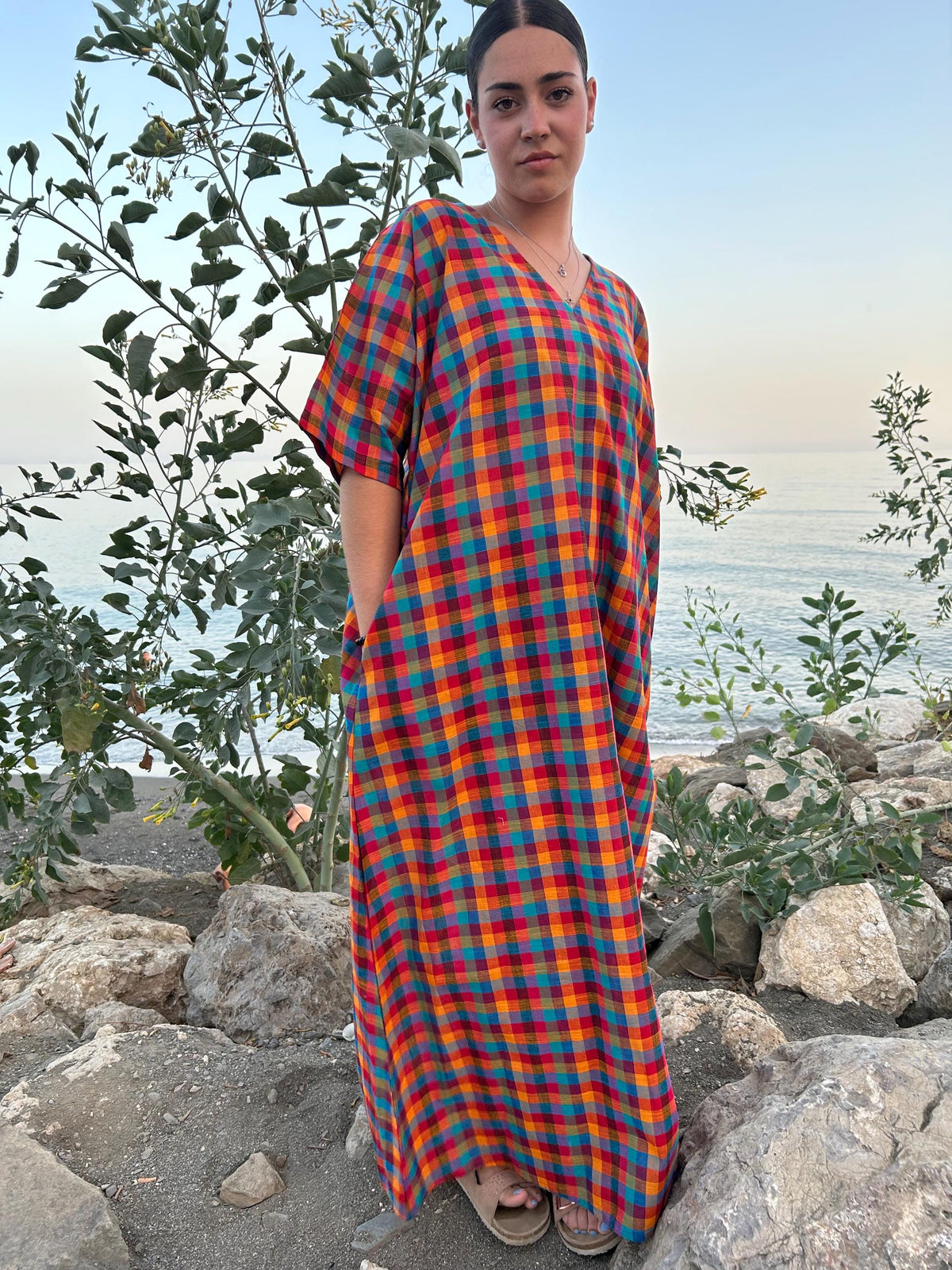 Multi checks woven kaftan,A line kaftan,Gifts for her,Resort wear,Loungewear,Cotton sleepwear,swim cover up,Maxi dress,