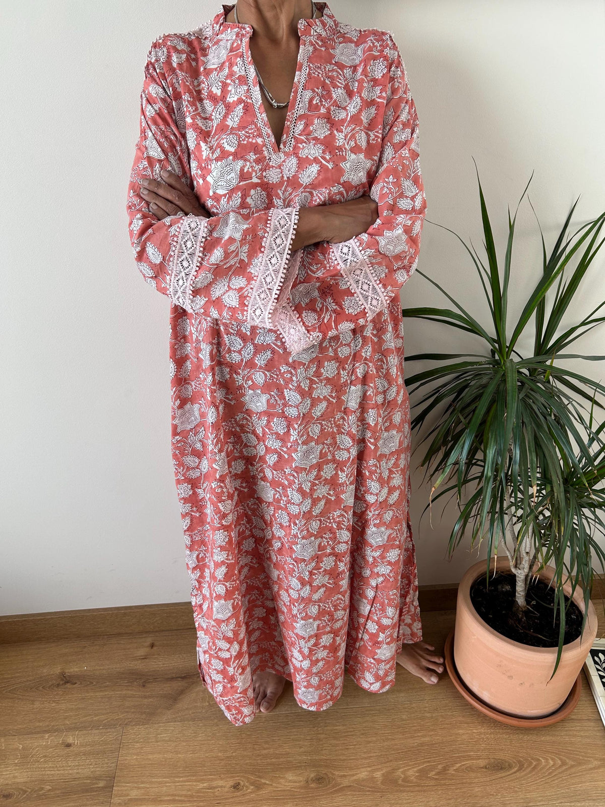 Pink floral Chinese collar cotton kaftan,caftan, resort wear,loungewear,gifts for her,boho dress,a line dress,block print dress