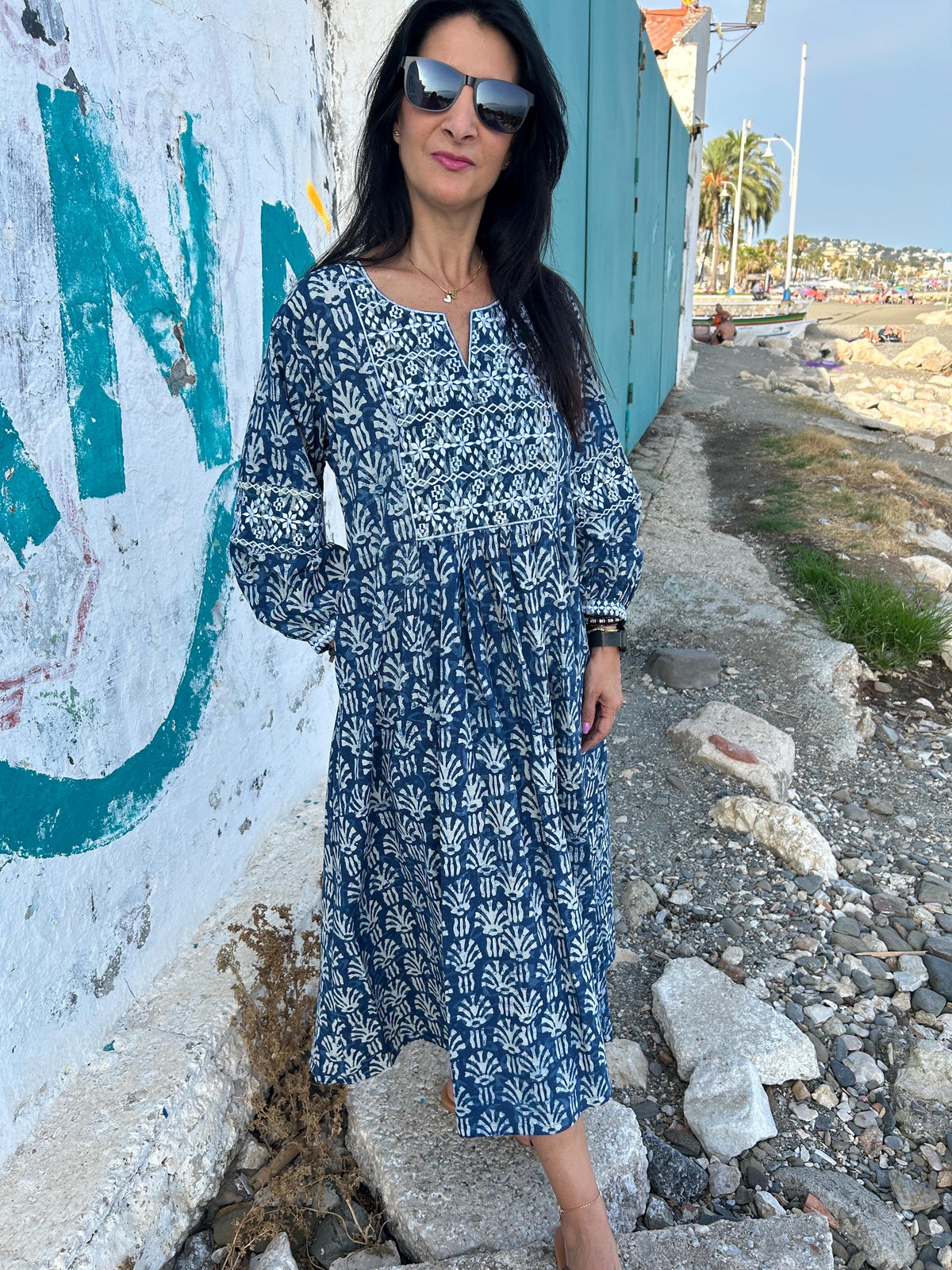 Indigo Embroidered cotton kaftan,caftan, resort wear,loungewear,gifts for her,boho dress,a line dress,block print dress,Resort wear,organic